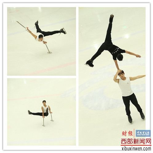 冰上杂技表演冰上倒立,冰上手拐